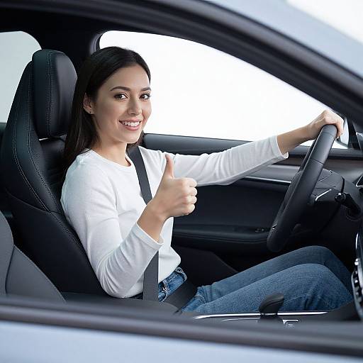 Smiling Woman Driving with Thumbs-Up