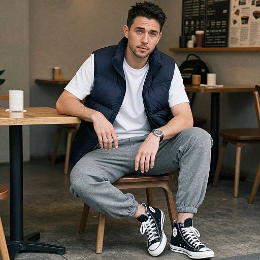Photograph of a young man with short black hair, light skin, and a beard, wearing a white t-shirt, black vest, gray pants,