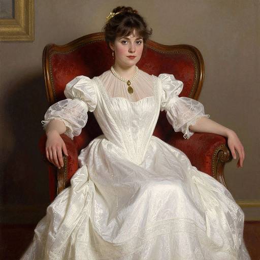 Photograph of a fair-skinned woman with dark hair in an ornate, white, Victorian-style gown, sitting on a red velvet chair.