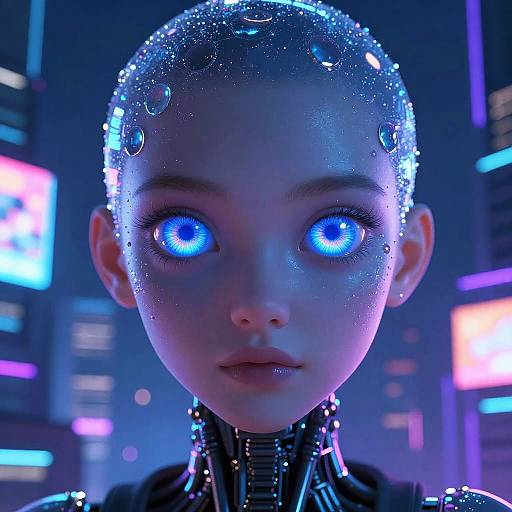 CGI image of a futuristic, blue-eyed, robotic girl with a metallic head and cybernetic neck, glowing in a neon-lit cityscape