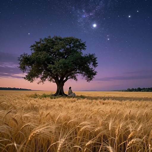 Photograph of a lone person sitting under a large tree in a golden wheat field at night, with a star-filled sky and visible Milky Way.