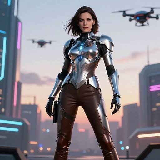 Futuristic Female Warrior in Neon City