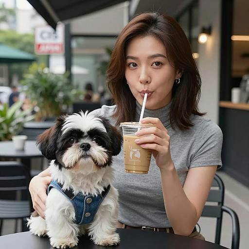 Casual Café Scene with Woman and Dog
