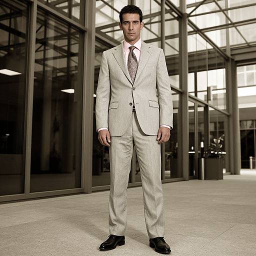 Photograph of a serious-looking man in a light gray pinstripe suit, white shirt, pink tie, standing in a modern glass-walled office