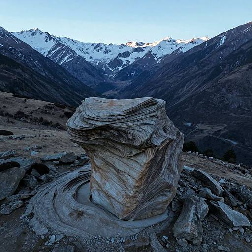 Photograph of a rugged, weathered rock formation in a mountain valley, surrounded by snow-capped peaks under a clear, blue evening sky.
