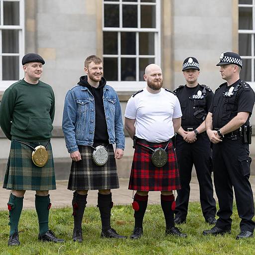 Men in Kilts with Police Officers Outdoors