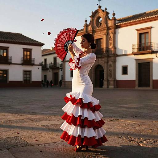Photograph of a dark-haired woman in a white and red ruffled flamenco dress, holding a red fan, standing in a sunlit, historic