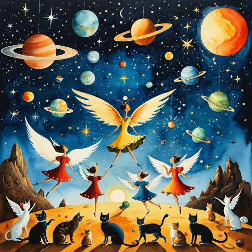 Celestial Dance of Angels and Winged Cats