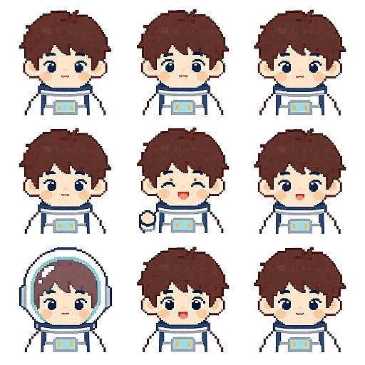 Pixel art of a brown-haired anime boy in a blue and white spacesuit, displaying nine expressive faces: neutral, surprised, smiling, and more.