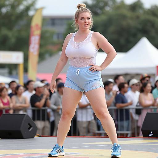 Photograph of a curvy, fair-skinned woman with blonde hair in a bun, wearing a white crop top and light blue shorts, standing confidently