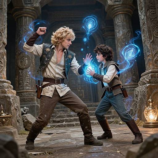 Photograph-style CGI of a blonde wizard and dark-haired boy casting blue magical energy in a stone, archway-lit ancient temple.