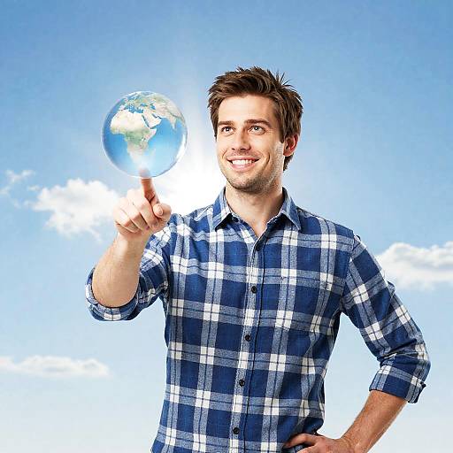 Smiling Man with Globe in Blue Sky