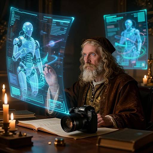 Medieval wizard with long white beard and brown robe, holding camera, points at holographic blue robotic figures in dimly lit room with candles.