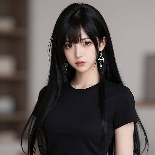 Digital anime-style portrait of a young Asian woman with long black hair, wearing a black t-shirt and star-shaped earrings, against a blurred indoor background.