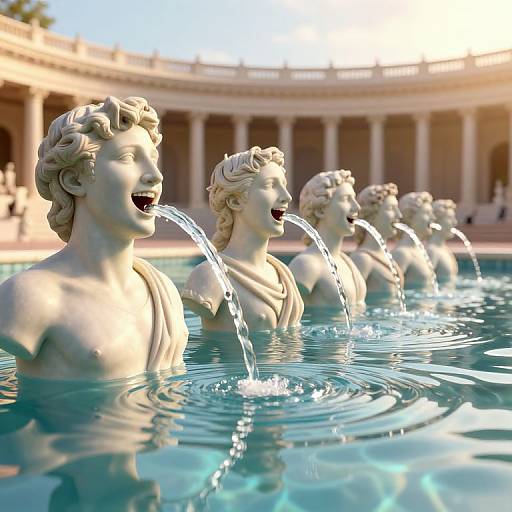 Photograph of five classical marble statues of naked, curly-haired male figures with water fountains, standing in a circular pool, surrounded by a colonn
