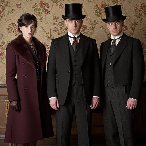 Photograph of a woman in a dark burgundy coat with fur collar, and two men in black suits and top hats, standing against floral wallpaper.