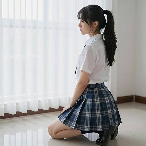 Asian Woman in Plaid Skirt and Loafers