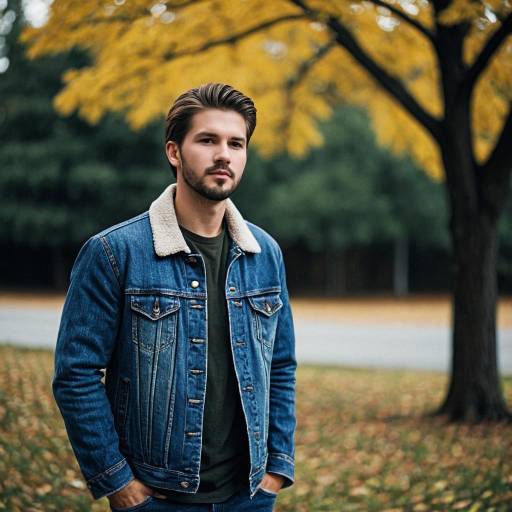 Man Wearing Denim Jacket in Autumn Park