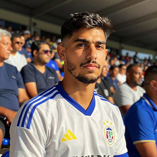 Photograph of a young, handsome Indian male soccer player with short, dark hair and a beard, wearing a white and blue jersey, standing in a