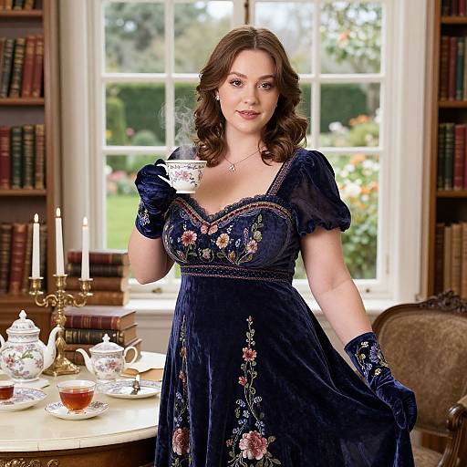 Photograph of a curvy brunette woman in a dark blue floral dress, holding a teacup in a sunlit library.