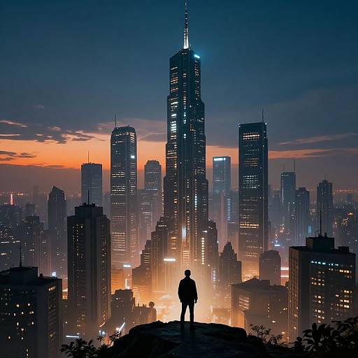Digital art of a silhouette standing on a rooftop at sunset, gazing at a cityscape with tall, illuminated skyscrapers.