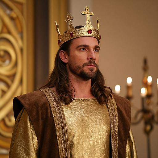 Photograph of a long-haired, bearded man wearing a golden crown with red gems, a gold tunic, and brown velvet robe, standing in