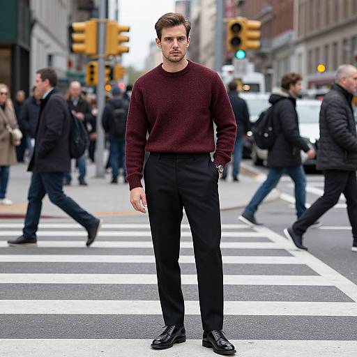 Photograph of a handsome man with short brown hair, wearing a maroon sweater, black pants, and black shoes, standing in a busy city cross