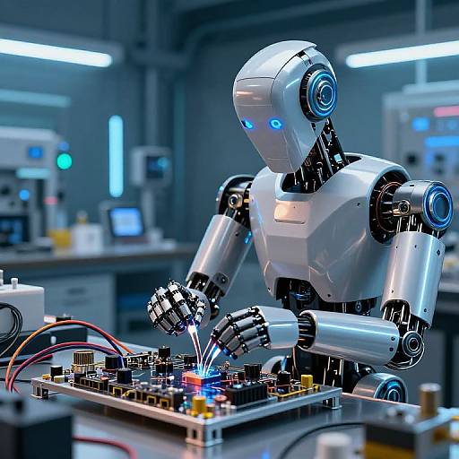 Photorealistic digital image of a shiny, blue-eyed silver robot soldering circuit boards in a brightly lit, modern lab.