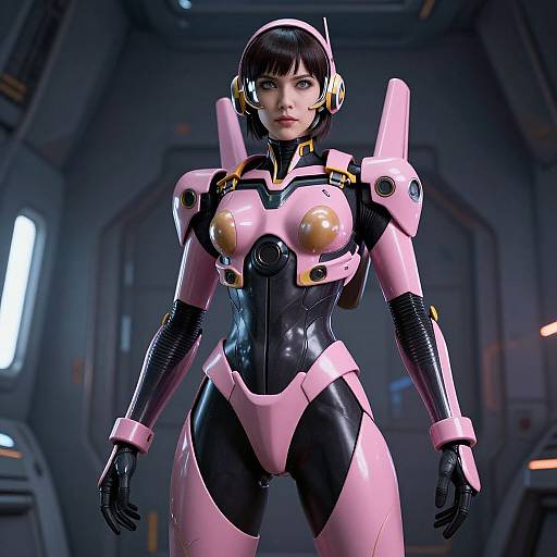 CGI image of a futuristic, pink and black armored woman with short black hair, yellow accents, and gold breast plates, standing in a dimly