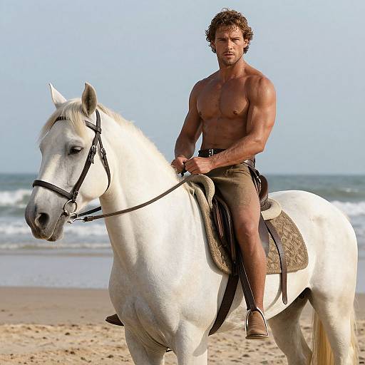 Muscular Man on White Horse