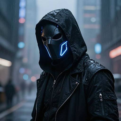 Photograph of a masked person in a black hooded jacket, illuminated blue visor, standing in a rainy urban street at night. Blurred city