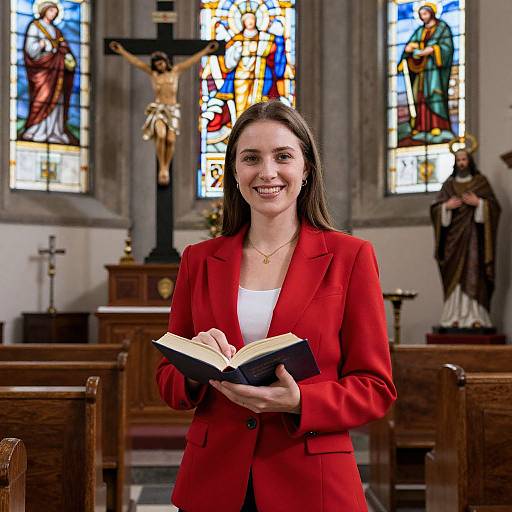 Photograph of a smiling woman with long brown hair, wearing a red blazer and white top, holding an open book in a church with colorful stained