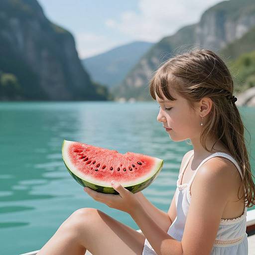Young woman with brown hair in white dress, holding watermelon slice, sitting by turquoise lake with mountainous background, photograph.