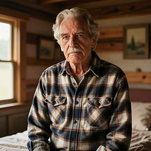 Photograph of an elderly white man with gray hair and mustache, wearing a plaid shirt, sitting in a wooden, sunlit cabin.