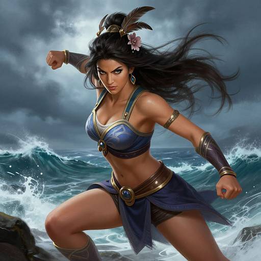 Digital artwork of a fierce, dark-haired warrior woman with feathers in her hair, wearing a blue bikini top and skirt, fighting on a stormy beach