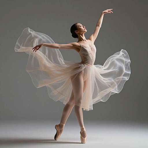 Photograph of a graceful ballerina in a flowing, sheer, white tutu, poised on pointe, with arms elegantly raised, against