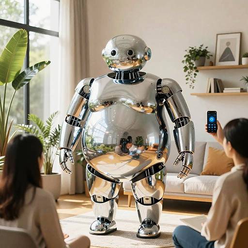 Shiny chrome android interacting with humans in smart home