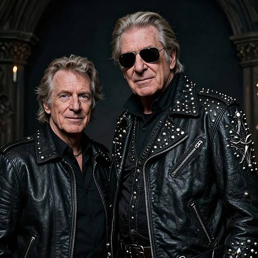 Photograph of two older white men with gray hair, wearing black leather jackets with studs, dark sunglasses, and black shirts, standing against a dark,