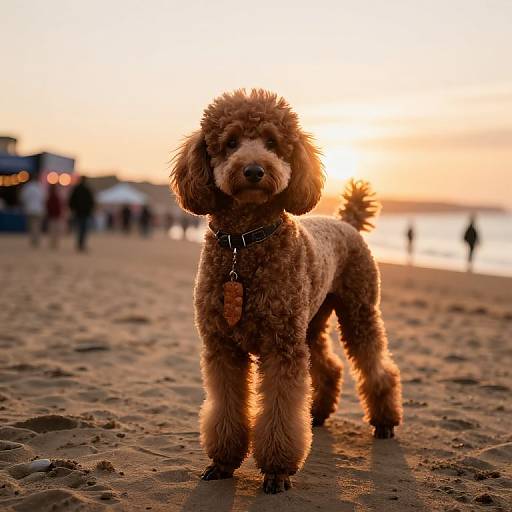 Photograph of a fluffy brown poodle standing on a sandy beach at sunset, with blurred people and ocean in the background.