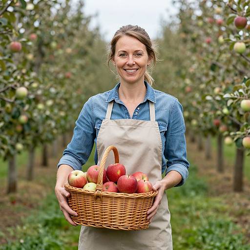 Photograph of a smiling woman with brown hair in a blue denim shirt and beige apron, holding a wicker basket of red and yellow apples in
