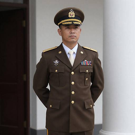 Serious Officer in Brown Uniform Doorway