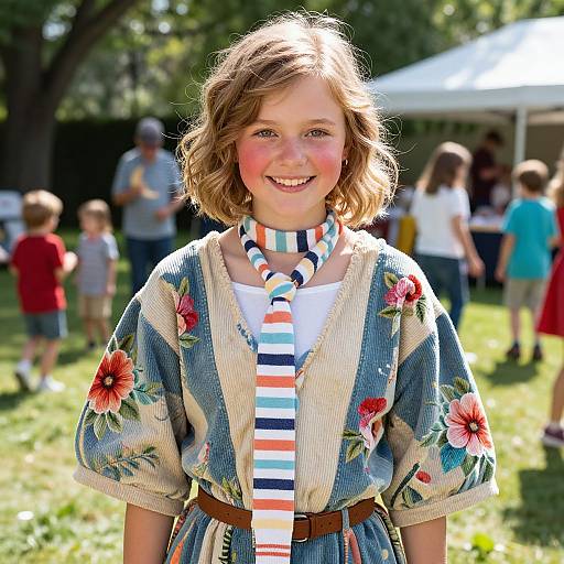 Photograph of a smiling young girl with wavy blonde hair, wearing a floral dress and striped necktie, standing outdoors at a sunny park event.