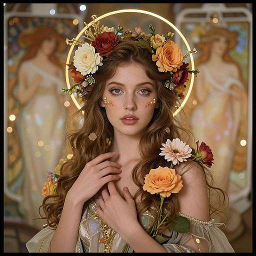 Digital artwork of a fair-skinned, blue-eyed woman with long brown hair, wearing a floral crown and off-shoulder dress, surrounded by glowing