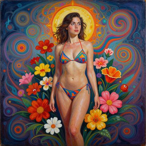 Digital painting of a slim, brown-haired woman in a colorful bikini, surrounded by vibrant flowers and swirling patterns, with a glowing sun halo behind her.