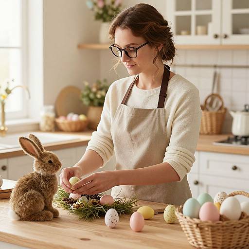 Photograph of a smiling woman with glasses, wearing a beige apron, decorating Easter eggs on a wooden kitchen counter with a cute brown rabbit and colorful