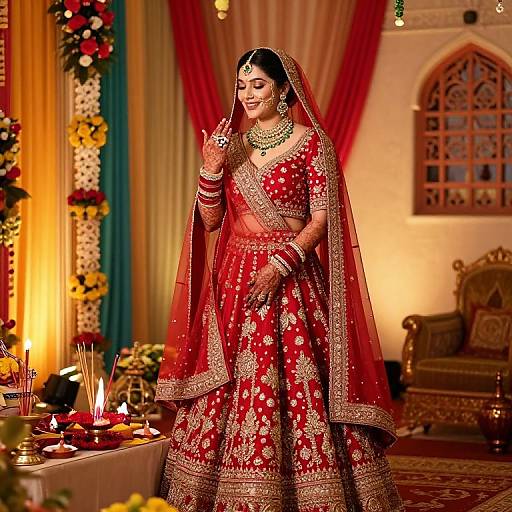 Photograph of a smiling Indian bride in a red and gold traditional lehenga, adorned with jewelry, standing in an ornately decorated wedding hall with colorful