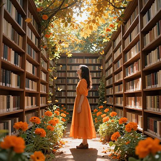 Photograph of a woman in an orange dress standing between sunlit bookshelves, surrounded by vibrant orange flowers and autumn leaves.