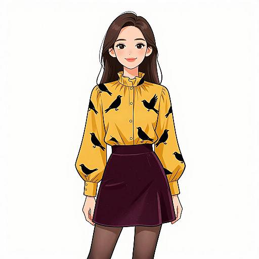 Digital anime-style drawing of a young woman with long brown hair, yellow blouse with black bird patterns, black skirt, and black tights, standing against