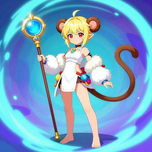 Digital anime-style drawing of a blonde, mouse-eared girl with red eyes, white fur-trimmed dress, and brown tail, holding a blue