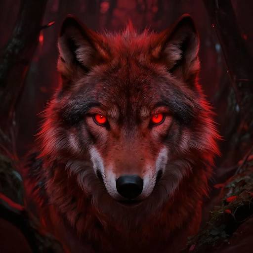 Glowing Red Wolf Eyes in Forest